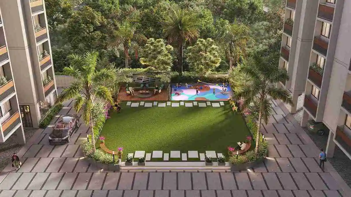 Landscaped courtyard and children's play space between residential blocks