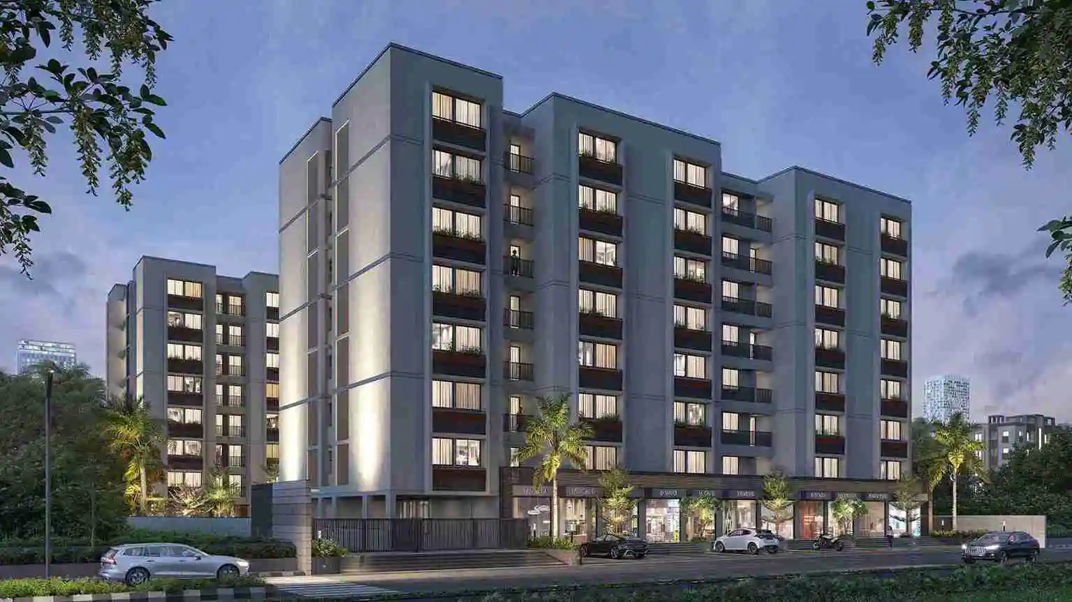 Evening rendering of the residential facade