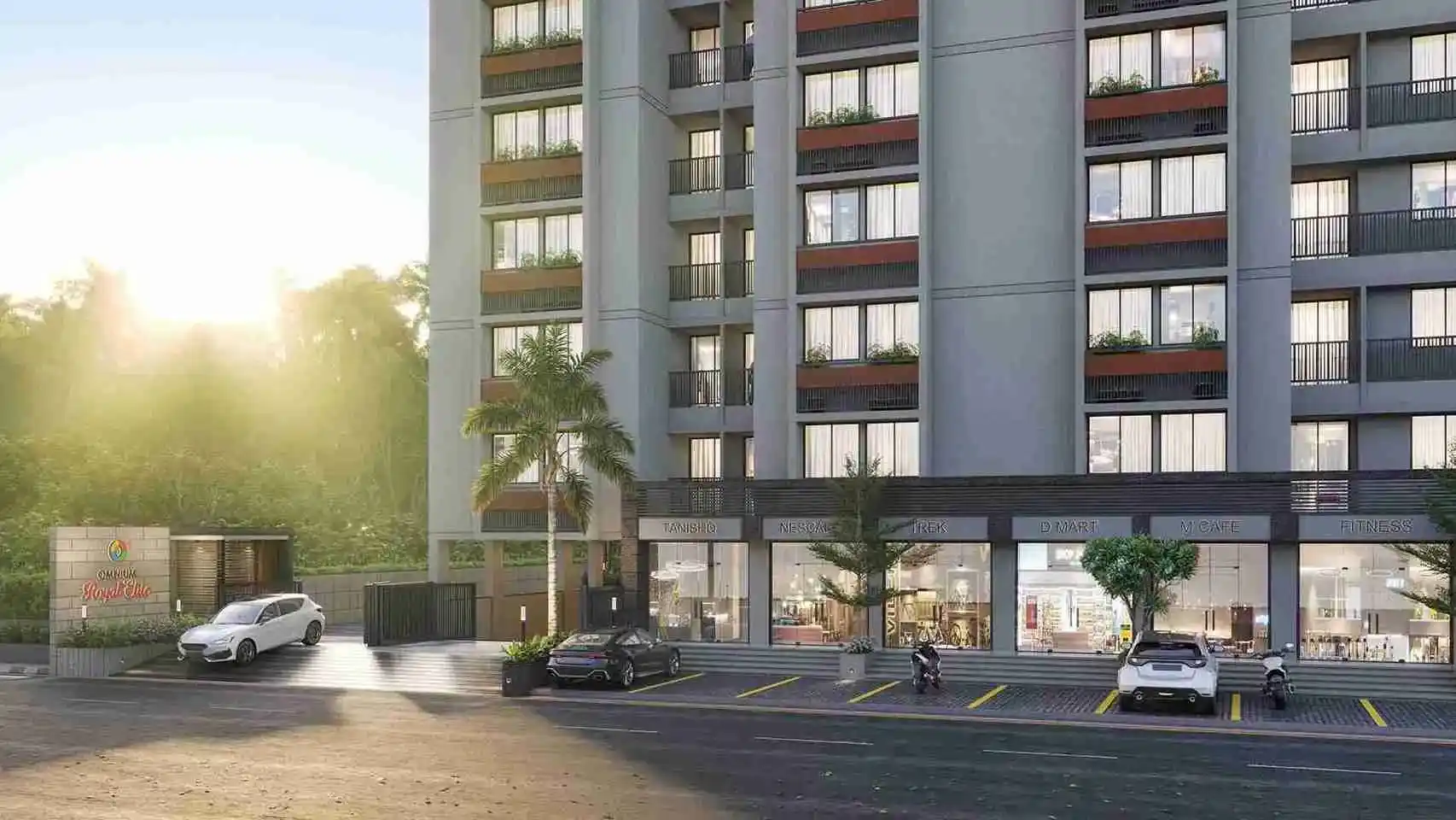 Street-level rendering of shops and project entrance