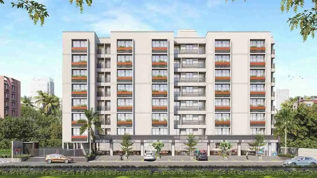 Front elevation of a residential block with ground-level shops