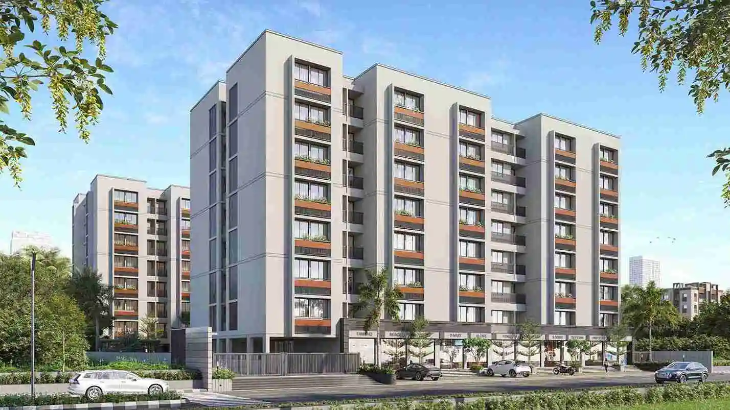 Side elevation showing residential blocks and street frontage