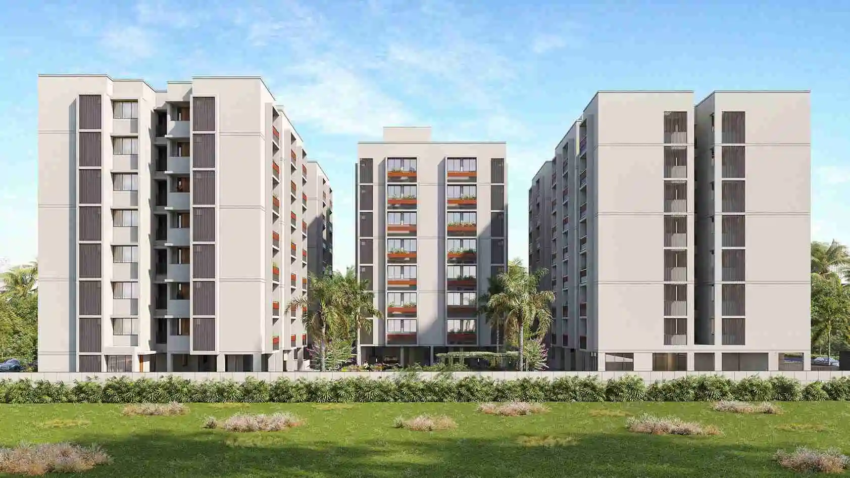 Three residential blocks arranged around the central landscape