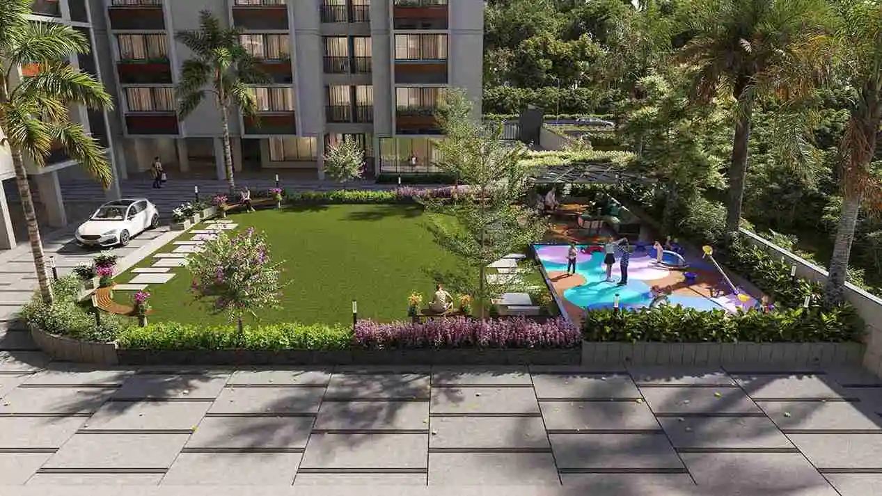 Garden, seating and children's play area