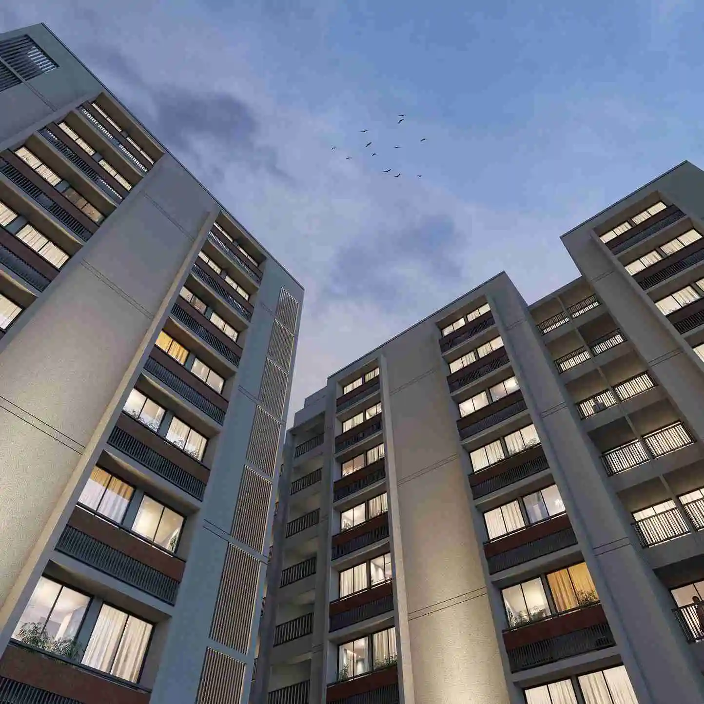 Upward architectural view between residential blocks