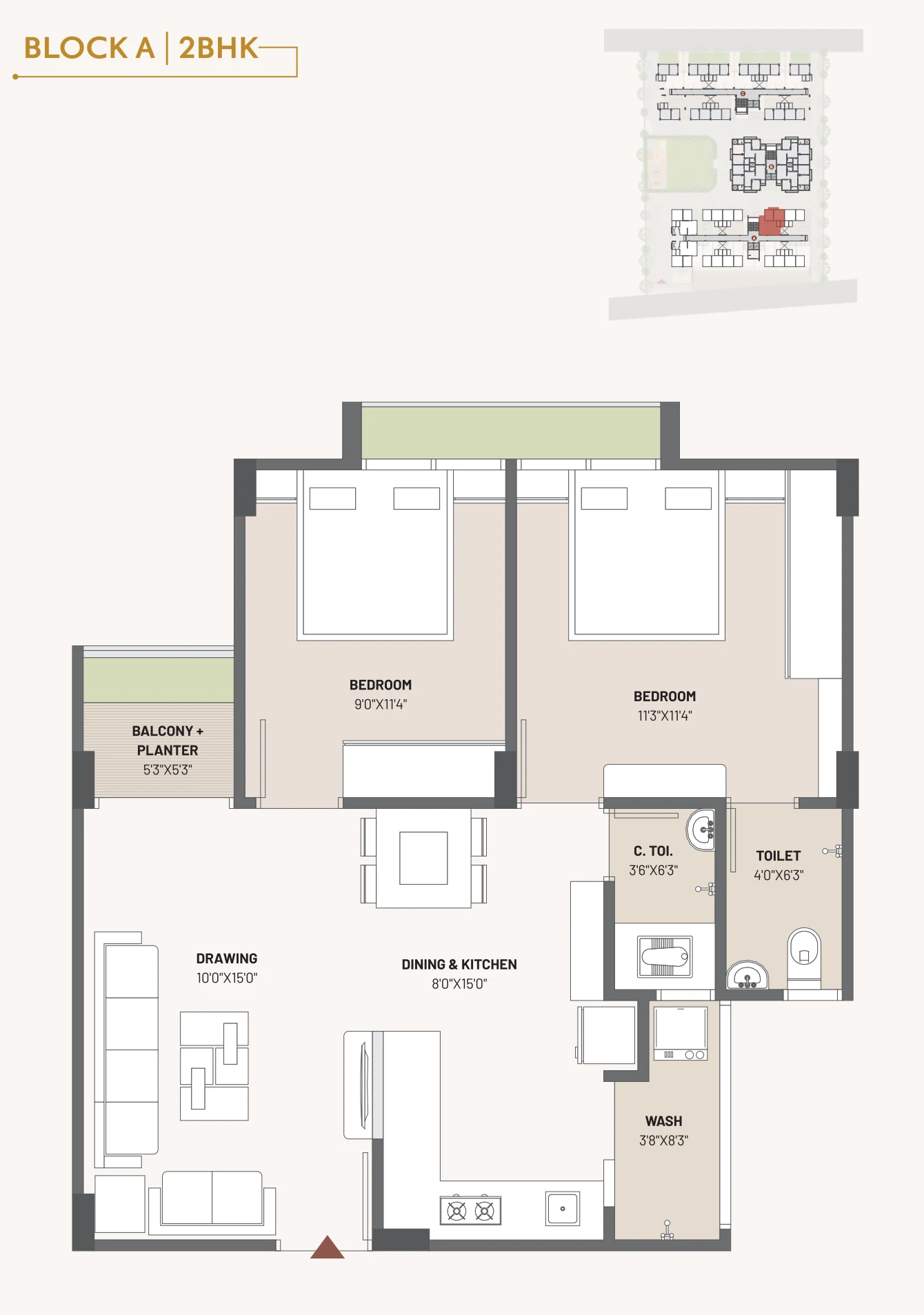 2 BHK Block A floor plan from the supplied brochure