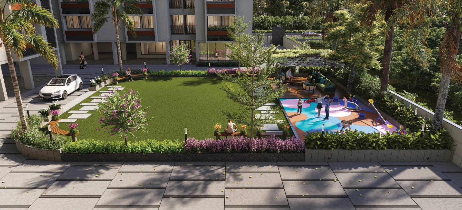 Central garden, seating and children's play space
