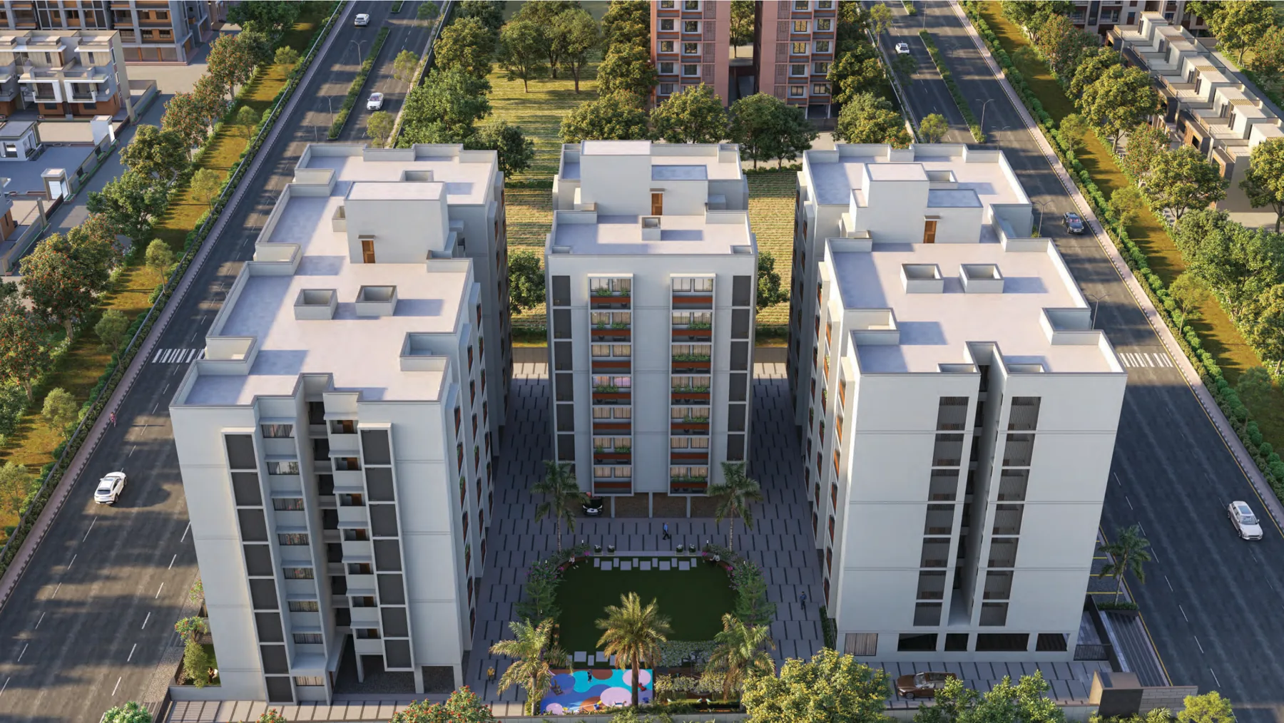 Brochure aerial view showing the project layout and central courtyard