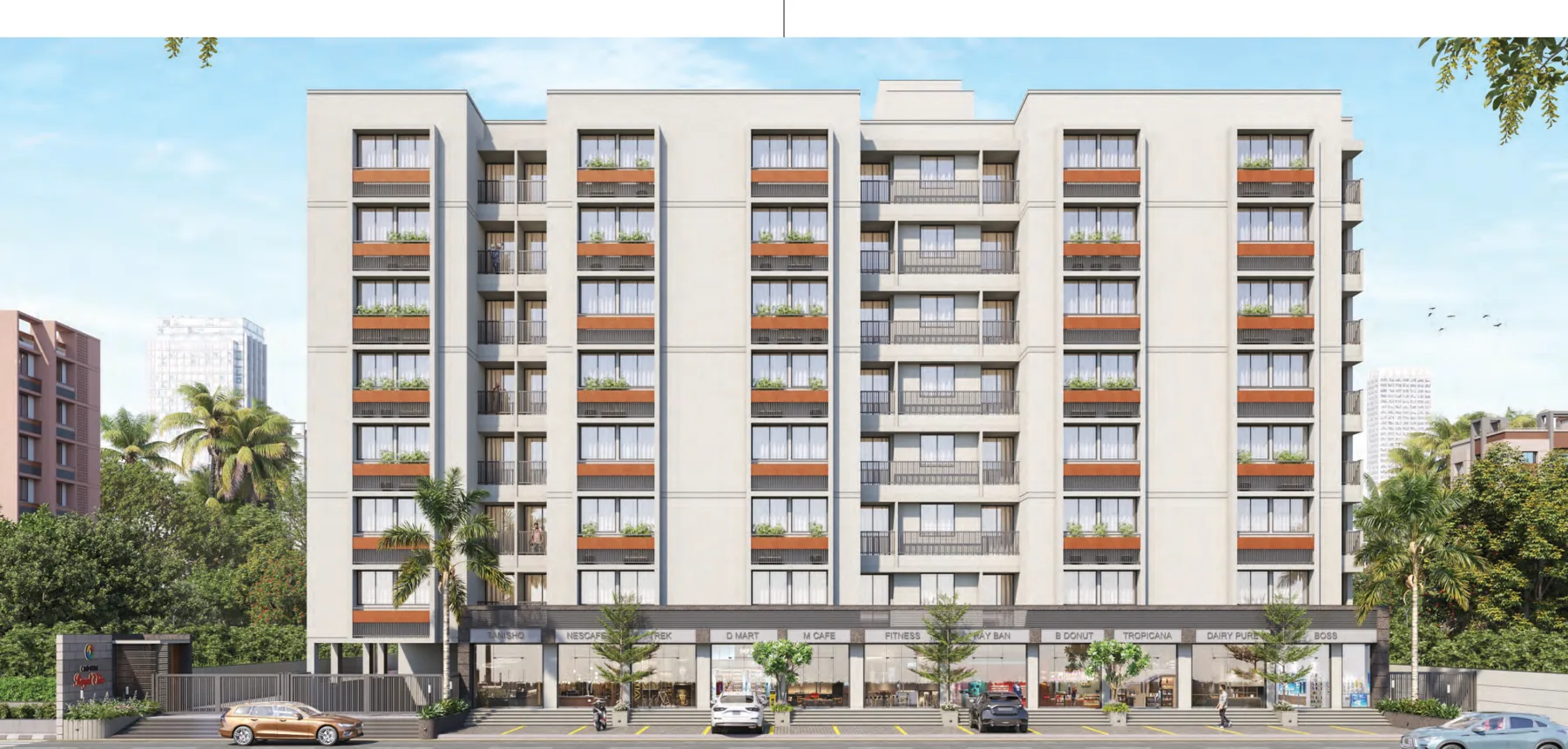 OMNIUM Royal Elite front elevation with ground-floor shops, brochure rendering