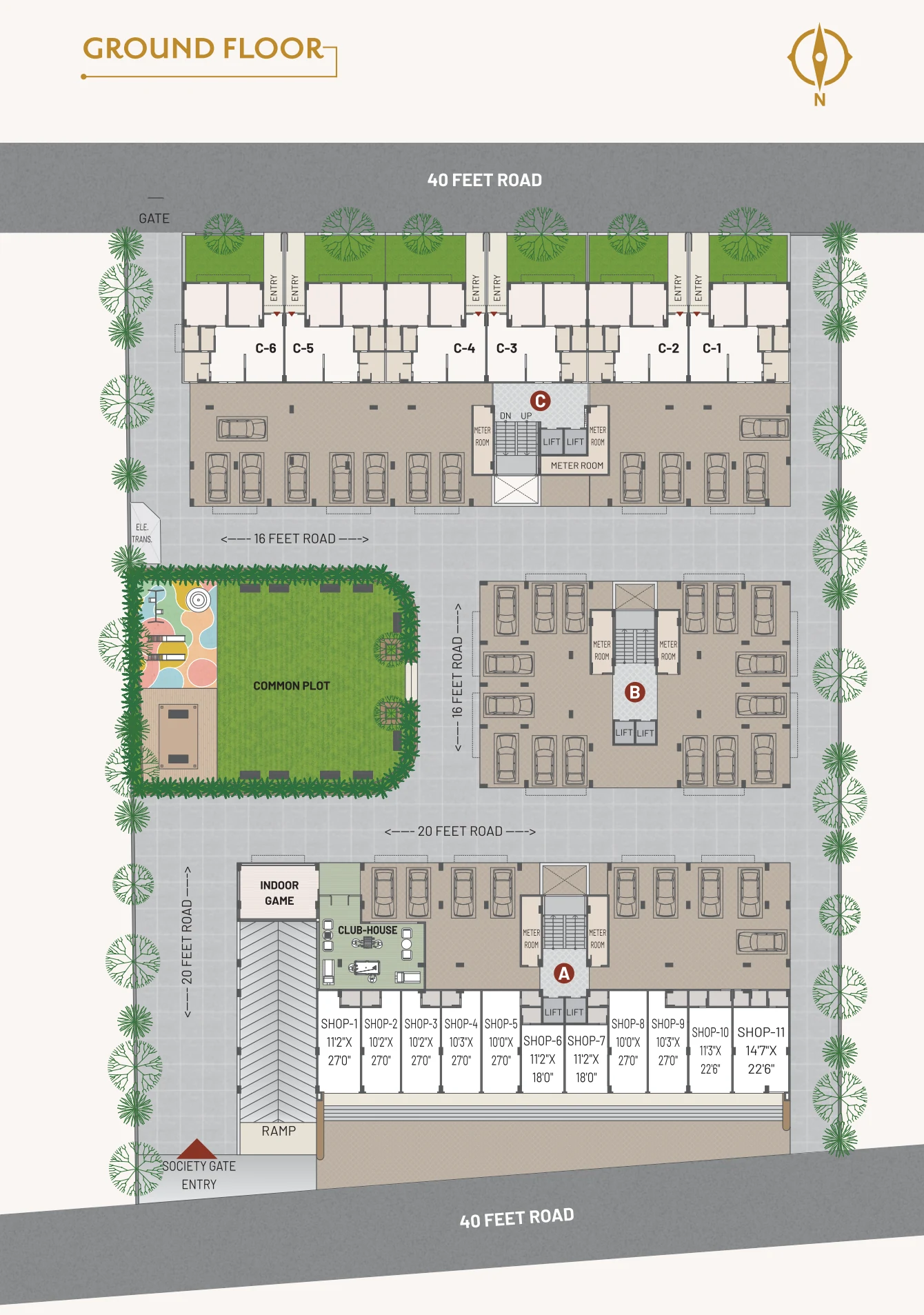 Ground-floor site plan showing blocks A, B and C, the common plot, shops and entrances